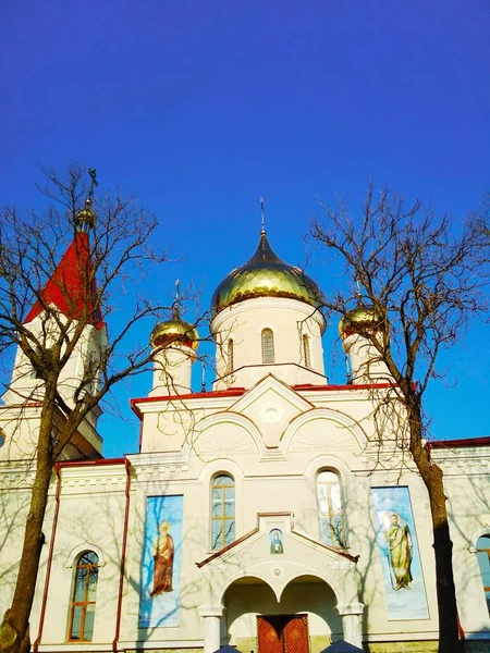 Ortodoxa Kyrkan Med Skinande Kupoler Ljus Vinterdag — Stockfoto