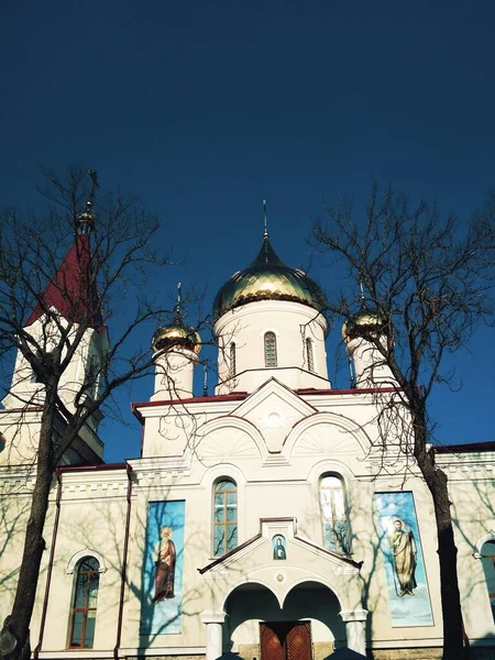 Chiesa Ortodossa Con Cupole Lucenti Una Giornata Invernale Luminosa — Foto Stock