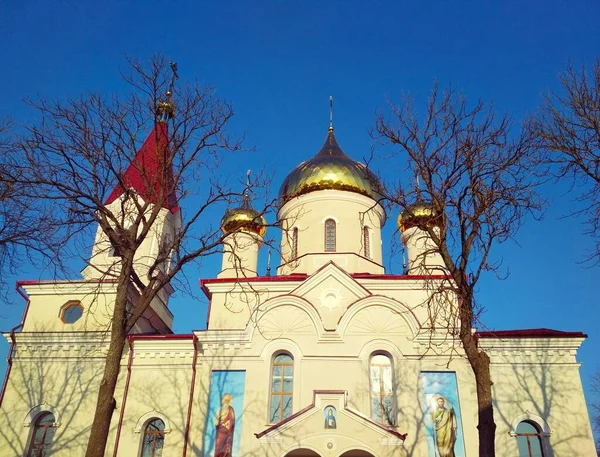 Chiesa Ortodossa Con Cupole Lucenti Una Giornata Invernale Luminosa — Foto Stock