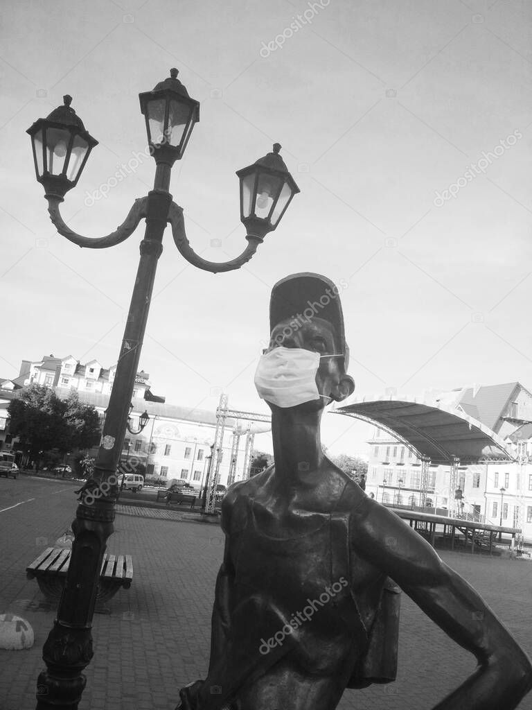 Iron tourist, symbol of tourism and pandemia, Kamenets-Podolsky, Ukraine 