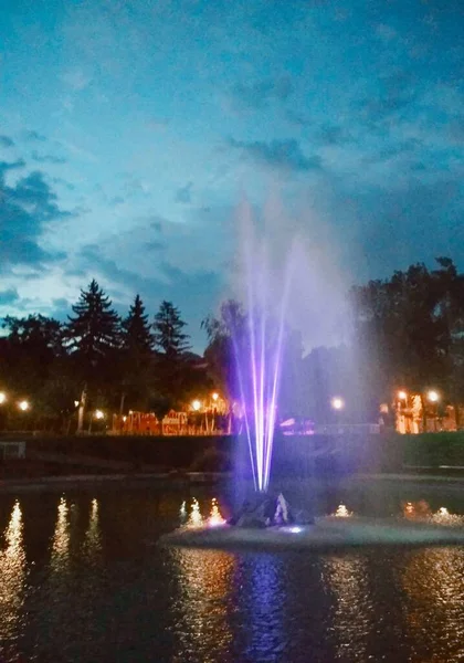 乌克兰Kamenets Podolsky夜晚的彩色喷泉 — 图库照片
