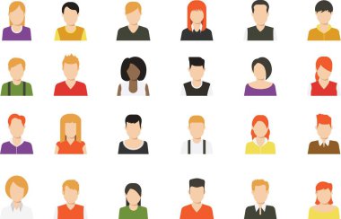 Sosyal medya avatar vektörü grafikleri düz simgeler. el çizimi Avatar profil ikonu (veya portre ikonu), erkek ve kadın olmak üzere. Kullanıcı düz avatar simgesi, işaret, profil insan sembolü