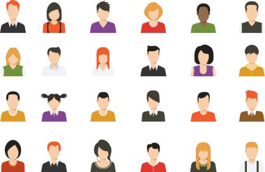 Sosyal medya avatar vektörü grafikleri düz simgeler. el çizimi Avatar profil ikonu (veya portre ikonu), erkek ve kadın olmak üzere. Kullanıcı düz avatar simgesi, işaret, profil insan sembolü