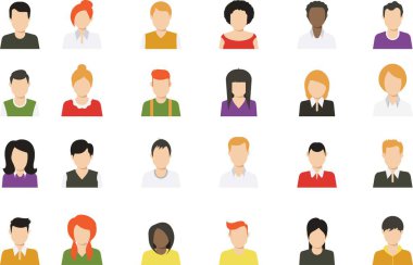 Sosyal medya avatar vektörü grafikleri düz simgeler. el çizimi Avatar profil ikonu (veya portre ikonu), erkek ve kadın olmak üzere. Kullanıcı düz avatar simgesi, işaret, profil insan sembolü