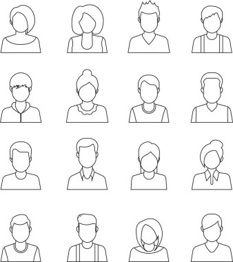 Görseller, kullanıcı vektör simgeleri ve web sitesi, uygulama, ui, simge düz çizgi biçiminde ayarlanmış profil resimleri. İnsanlar, doğrusal tasarım. Farklı simgelerin koleksiyonu.