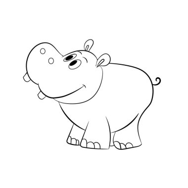 Çizgi film komik, sevimli ve küçük su aygırı karakteri, beyaz arka planda soyutlanmış. Çocuklar için çizimler. Bebek partisi kartı. Vektör İllüstrasyonu.