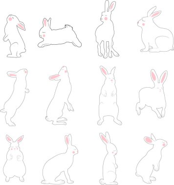 Elle çizilmiş Paskalya vektörü, yukarı bakıyor ve çeşitli pozlarda oturuyor. Tavşanlar siyah siluet. Beyaz arka planda izole edilmiş bir dizi Paskalya tavşanı. Basit çizgi film tavşanı..