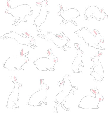 Elle çizilmiş Paskalya vektörü, yukarı bakıyor ve çeşitli pozlarda oturuyor. Tavşanlar siyah siluet. Beyaz arka planda izole edilmiş bir dizi Paskalya tavşanı. Basit çizgi film tavşanı..
