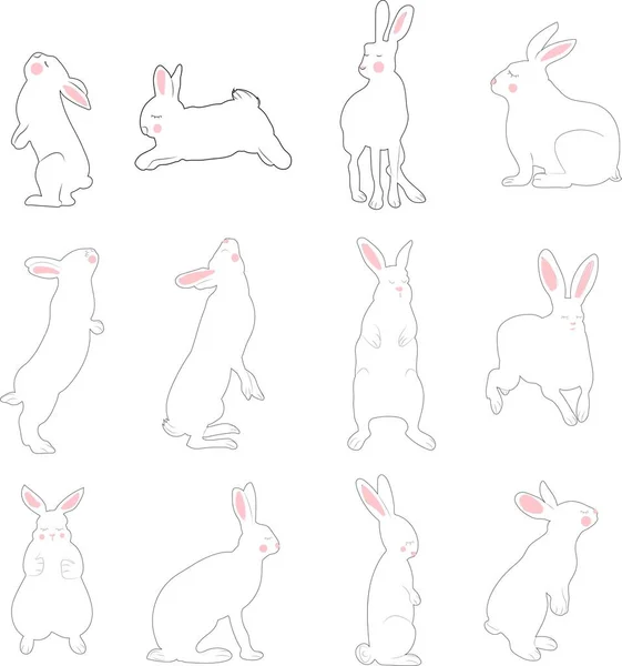 手描きベクトルイースター実行して 検索し 様々なポーズで座っている ウサギの黒いシルエット 白い背景に隔離されたイースターバニーアウトラインのセット — ストックベクタ