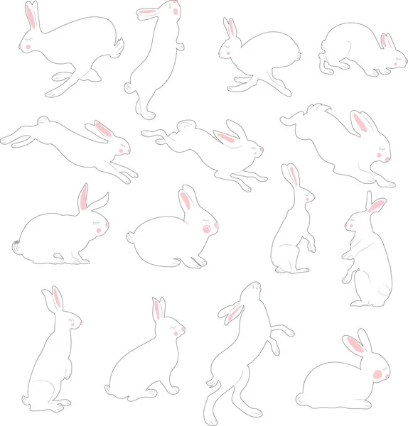 手描きベクトルイースター実行して 検索し 様々なポーズで座っている ウサギの黒いシルエット 白い背景に隔離されたイースターバニーアウトラインのセット — ストックベクタ