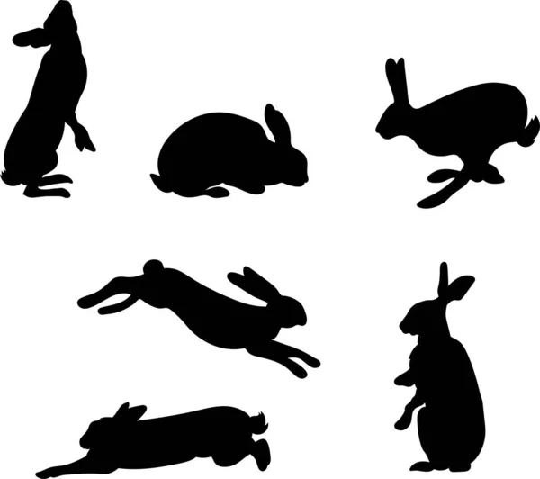 手描きのランニングのセットは さまざまなポーズのウサギの黒いシルエットに座って検索します 白い背景に隔離されたイースターバニーのアウトラインのセット シンプルな漫画ウサギ — ストックベクタ