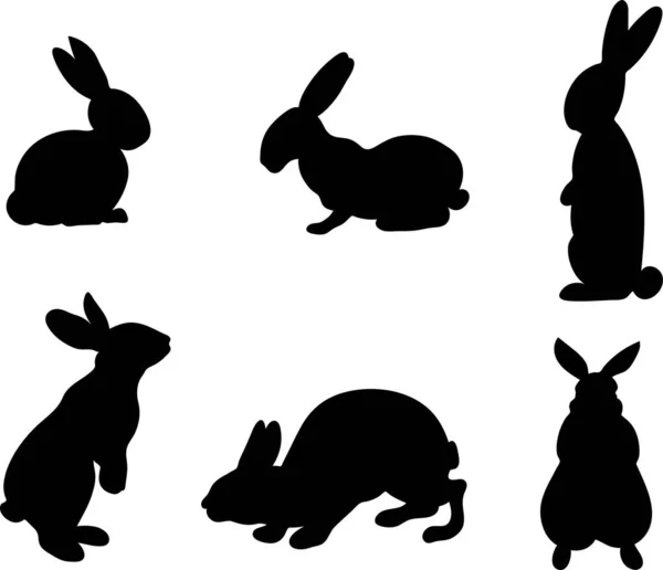 手描きのランニングのセットは さまざまなポーズのウサギの黒いシルエットに座って検索します 白い背景に隔離されたイースターバニーのアウトラインのセット シンプルな漫画ウサギ — ストックベクタ
