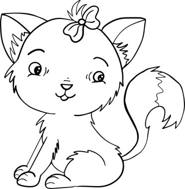 Vektör kedi, çizgi film sevimli mutlu beyaz kedi gülümsüyor. Karakter kedisi, çizgi sanatı, çocuklar için siyah beyaz çizimler. Çocuklar için boyama sayfası. Çocuklar için giysi, kart, kreş için kullanılabilir..