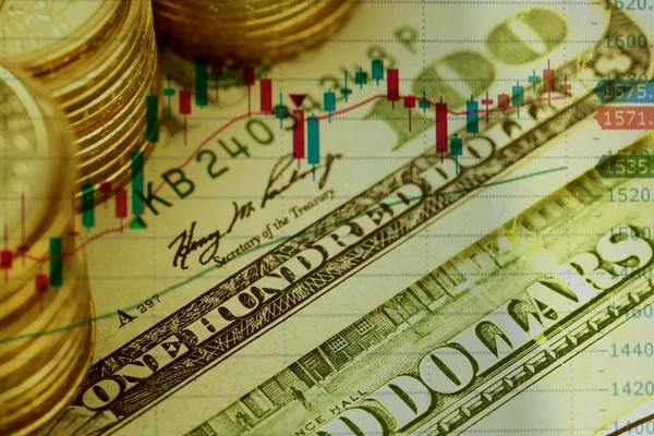 Zblízka Peníze Mince Bankovky Sto Dolarů Indikátor Zásob Graf — Stock fotografie