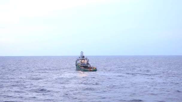 Supply Boat Vessel Floating Ocean Skyline — Stock Video