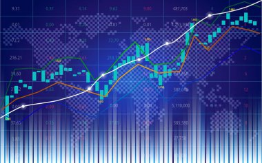 Borsa veya forex ticaret grafik göstergesi dünya harita arka planda mali konsepti için