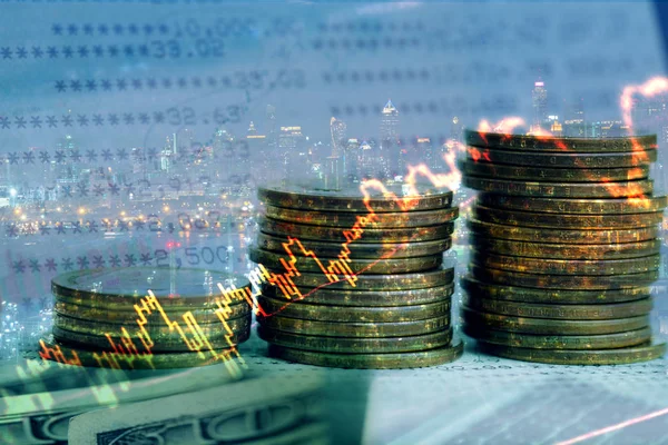 Double Exposure City Graph Rows Coins Finance Busines Concept — Stock Photo, Image