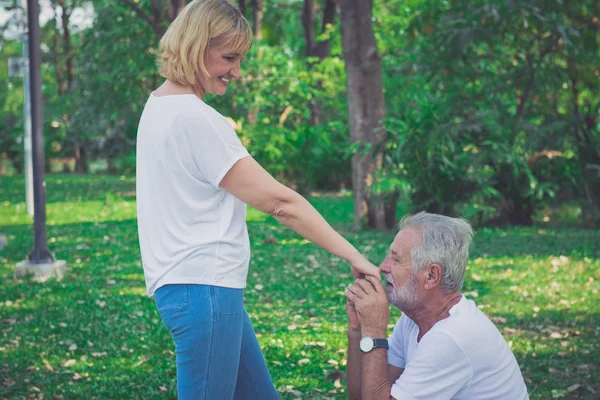 Gelukkige oude man kus zijn vrouw de hand op het Park — Stockfoto