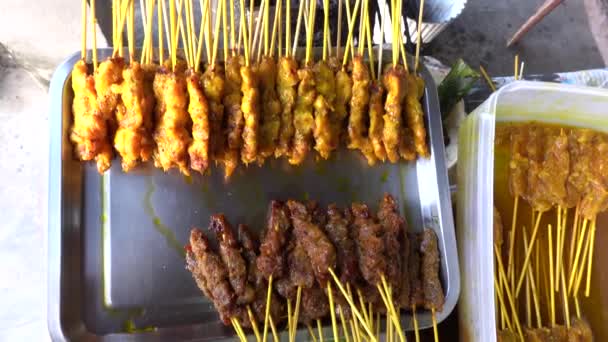 Grill Meat Chicken Satay Charcoal Night — Stock Video