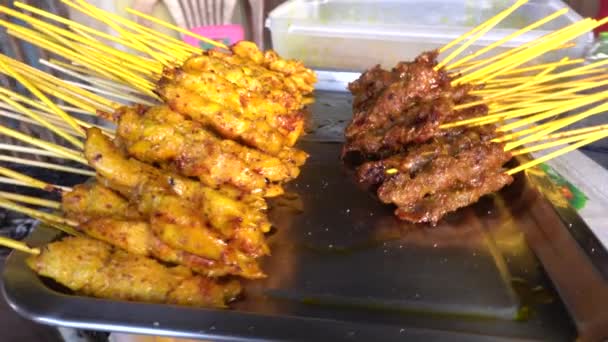 Grillfleisch Und Chicken Satay Mit Holzkohle Der Nacht — Stockvideo