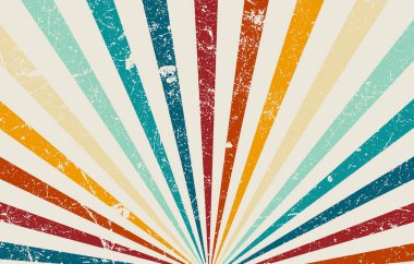 Renkli grunge ışınları ile geçmişe dönük güneş patlaması arka planı, klasik poster, yaratıcı tasarım ve sanatsal dekorasyon için sıkıntılı radyal desen.