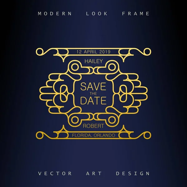 Stylish linear art deco frame. Quirky but elegant design. Golden ornament. Vector template