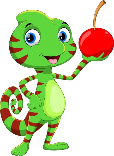 Schattig Kameleon Cartoon Met Kersen Fruit — Stockvector