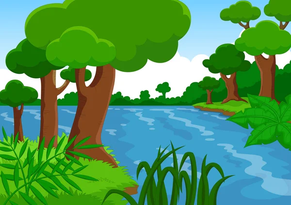Ilustración Bosque Con Río — Vector de stock