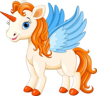 Sevimli çizgi film tek boynuzlu at beyaz bir arka plan üzerinde