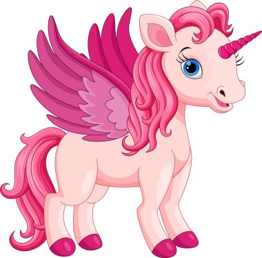 Sevimli çizgi film tek boynuzlu at beyaz bir arka plan üzerinde