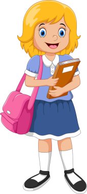 Okul çantası ve kitap taşıyan mutlu küçük okul kızı.