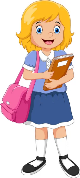 Glückliche Süße Kleine Schulmädchen Mit Schulranzen Und Buch — Stockvektor