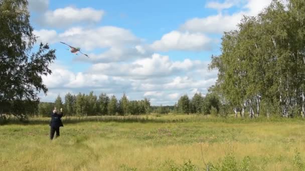 Senior man vliegen vlieger op het platteland — Stockvideo