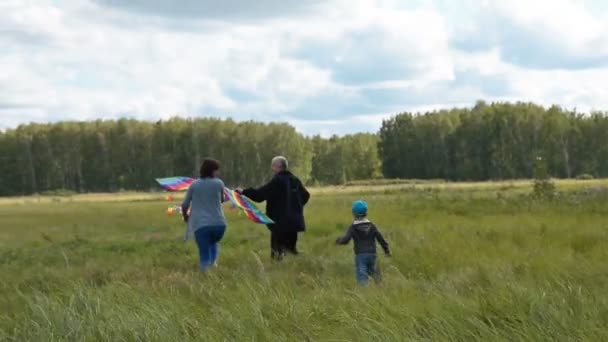 Familia con cometa al aire libre — Vídeos de Stock