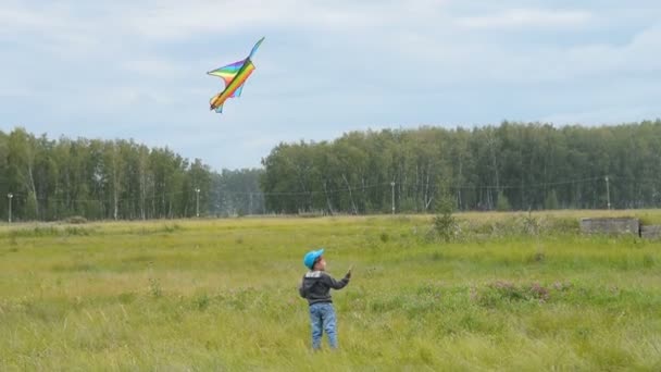 Jongen wil vangen vliegende kite — Stockvideo