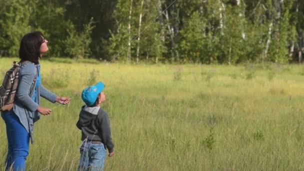 Mamá y el niño volando cometa en el bosque — Vídeos de Stock