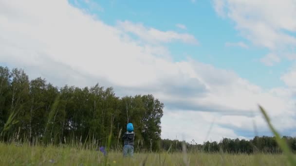 Маленький мальчик, летящий цветным змеем в лесу — стоковое видео