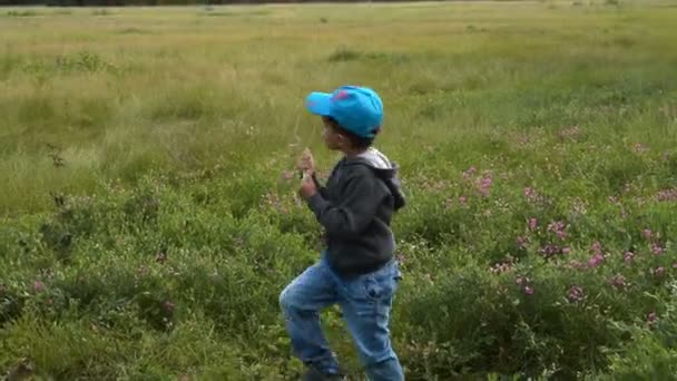 Barn flyga drake och promenader med sträng handtag — Stockvideo