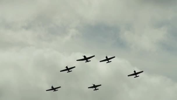 Aerobatic team of light aeroplanes in the sky — Stock Video