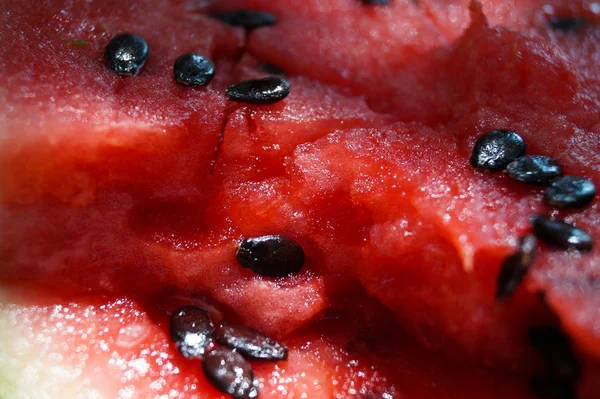 Sappige Rijpe Pulp Van Watermeloen Macro Shot Van Een Watermeloen — Stockfoto