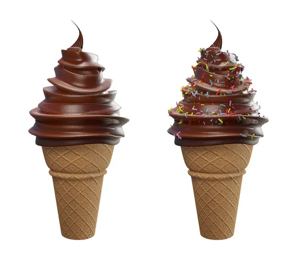 Set of collection soft serve ice cream of chocolate ice cream covered with colorful sprinkles on a crispy cone for summer isolated on white background.3d illustration.