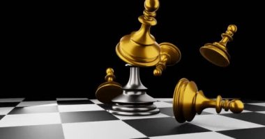 Savaşta satranç oynayan Kral, siyah izole edilmiş arka planıyla satranç tahtasının üzerinde duruyor. Konsept iş stratejisi, planlama ve 3D karar verme.