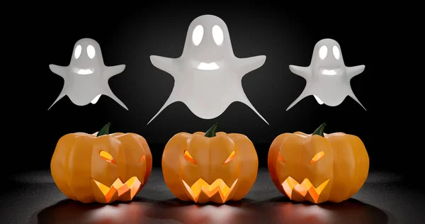 Render Celebración Halloween Fantasma Blanco Cabeza Calabaza Tallado Sonrisa Ojos —  Fotos de Stock