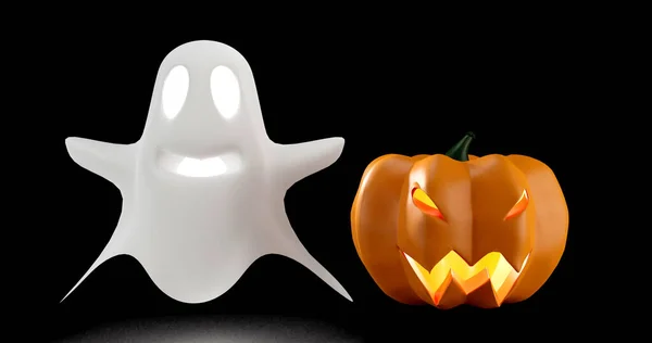 Render Celebración Halloween Fantasma Blanco Cabeza Calabaza Tallado Sonrisa Ojos —  Fotos de Stock