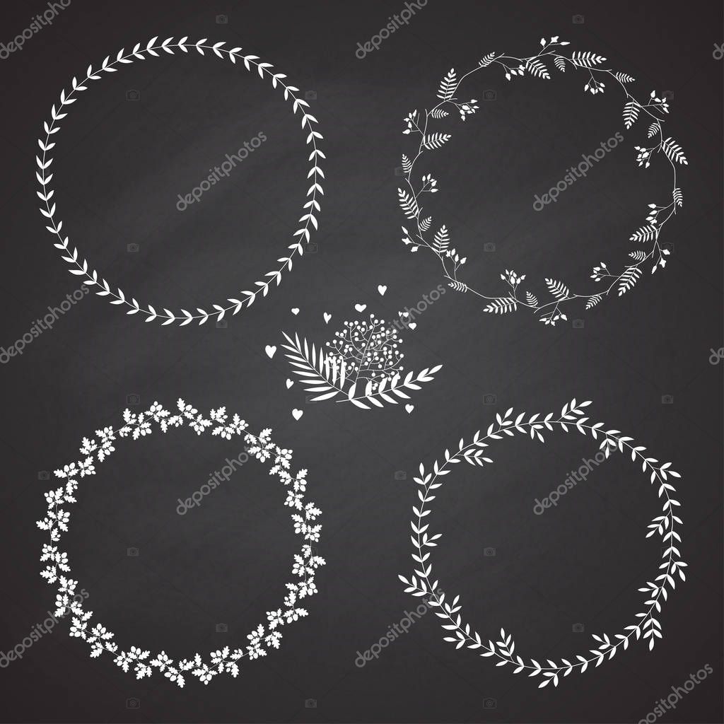 Set of 4 circle cute hand drawn frames on the chalkboard background