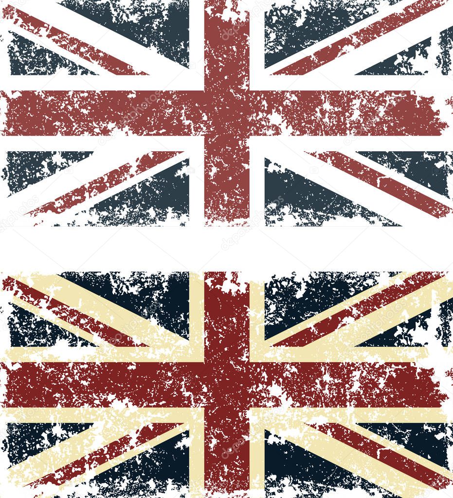 Old scratched flag. Vector illustration of vintage English (British) flag