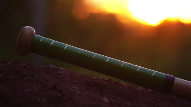 Filmación Cámara Lenta Mano Jugador Béisbol Está Recogiendo Bate Béisbol — Vídeo de stock