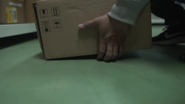 Footage Slow Motion Parcel Staff Holding Cargo Box Shelf — Stock Video