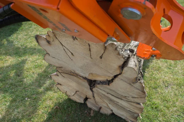 现代收割机在森林中工作的细节 木材作为一种源可再生能源 — 图库照片