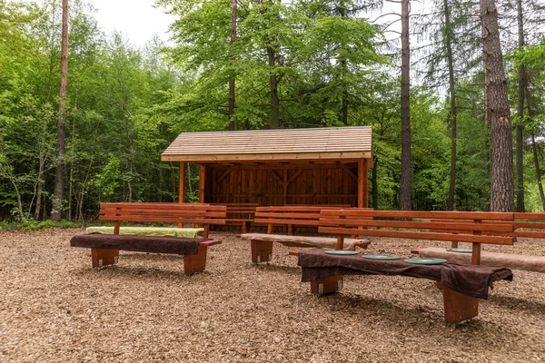 Posto Picnic Nella Foresta Capanna Legno Con Panche — Foto Stock